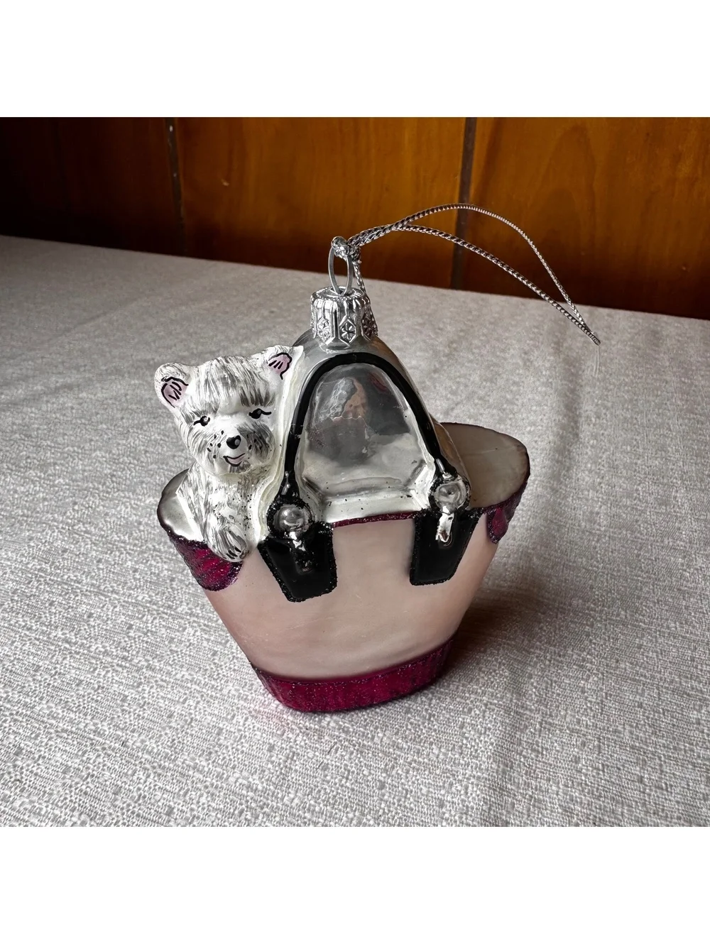 Dog in Purse Christmas Ornament Pink Glitter Handbag Holiday Tree Decor